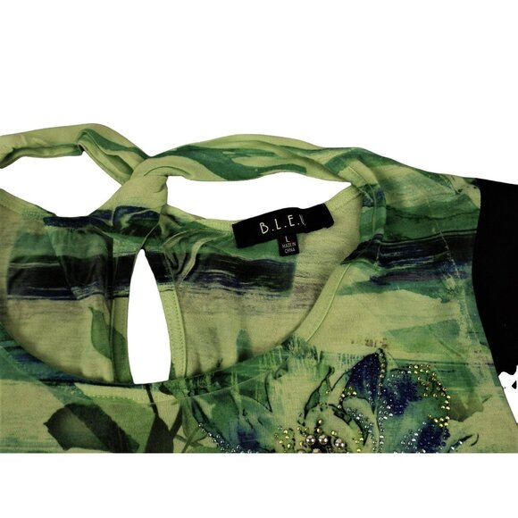 Womens Green Print Top Black Trim Multi-colored Beads T-Back size Large    JH101 - Picture 4 of 5